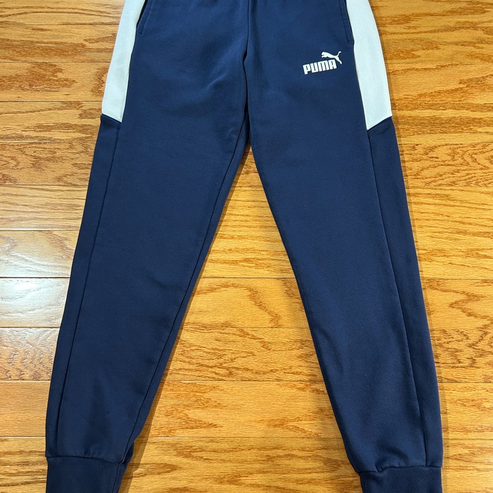 Puma Blue and White Track Pants with Elastic Cuffs